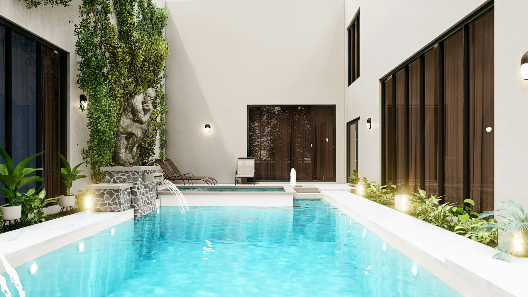 Piscine de patio avec mur végétal et fontaine murale